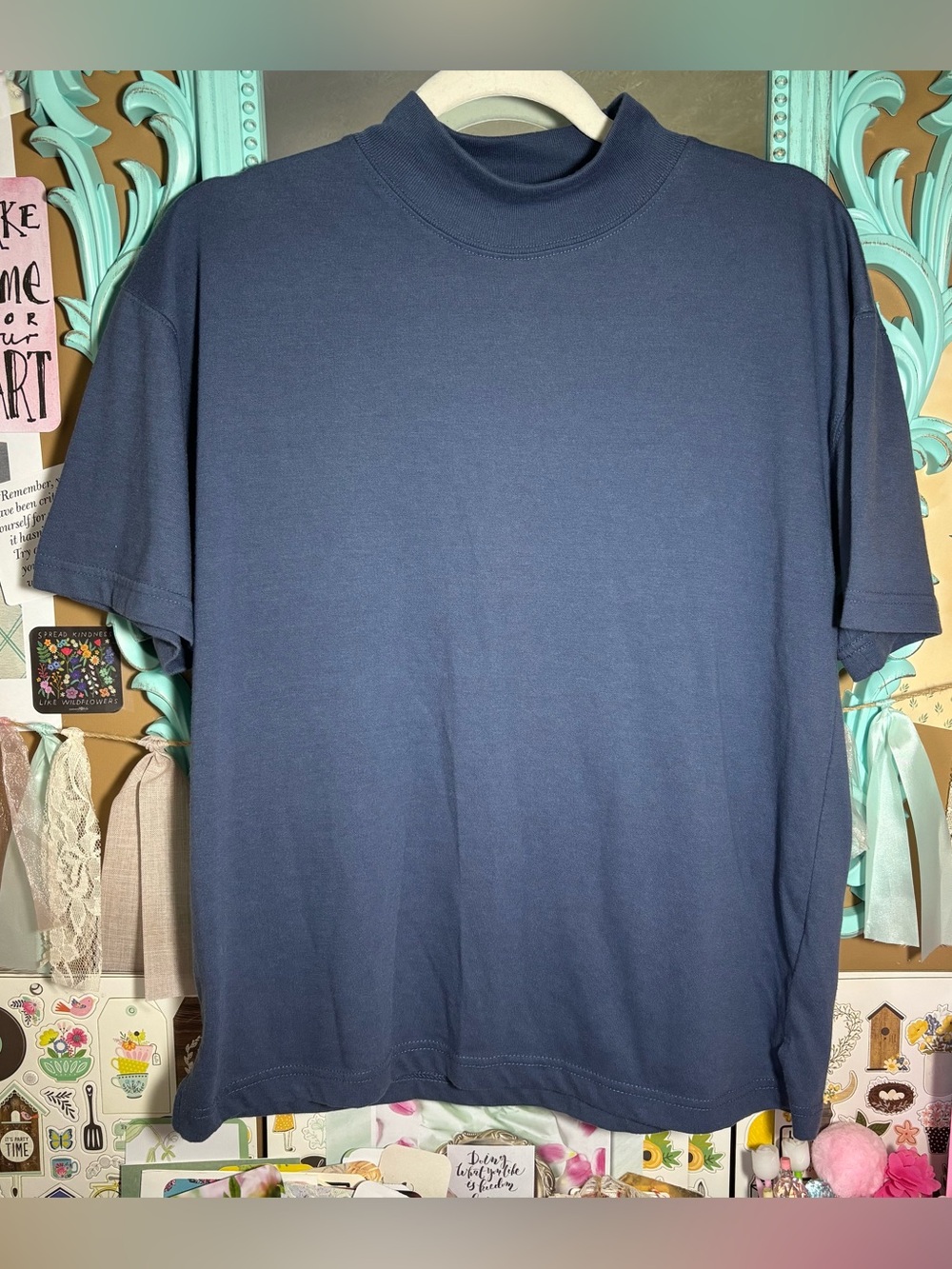 Vintage Westport Ltd. Blue Mock Neck Short Sleeve T-Shirt Top Womens Sz. Medium